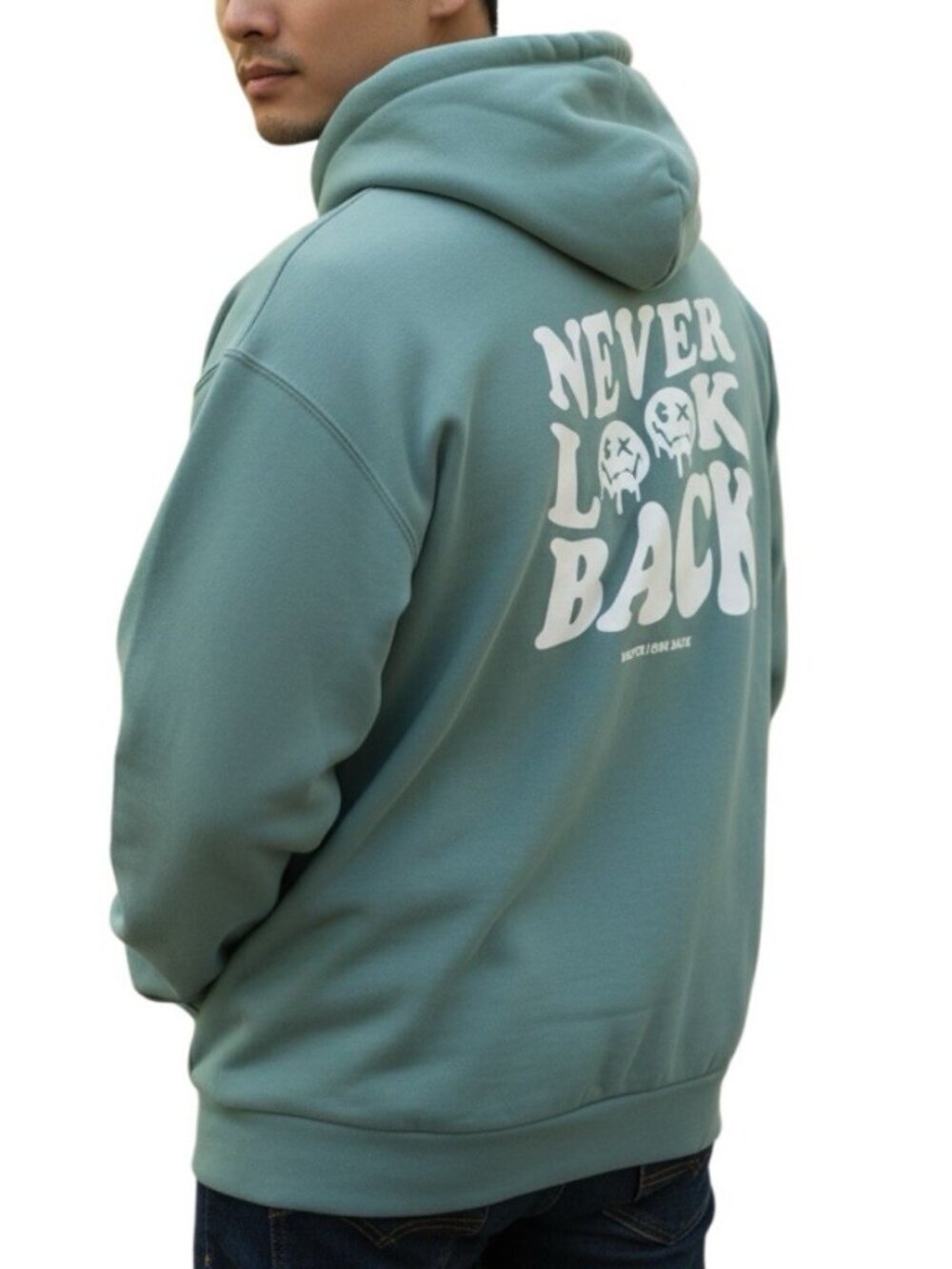 SHEIN Unisex Never Look Back Hoodie~Size Medium~Green White Sweatshirt~L12 28